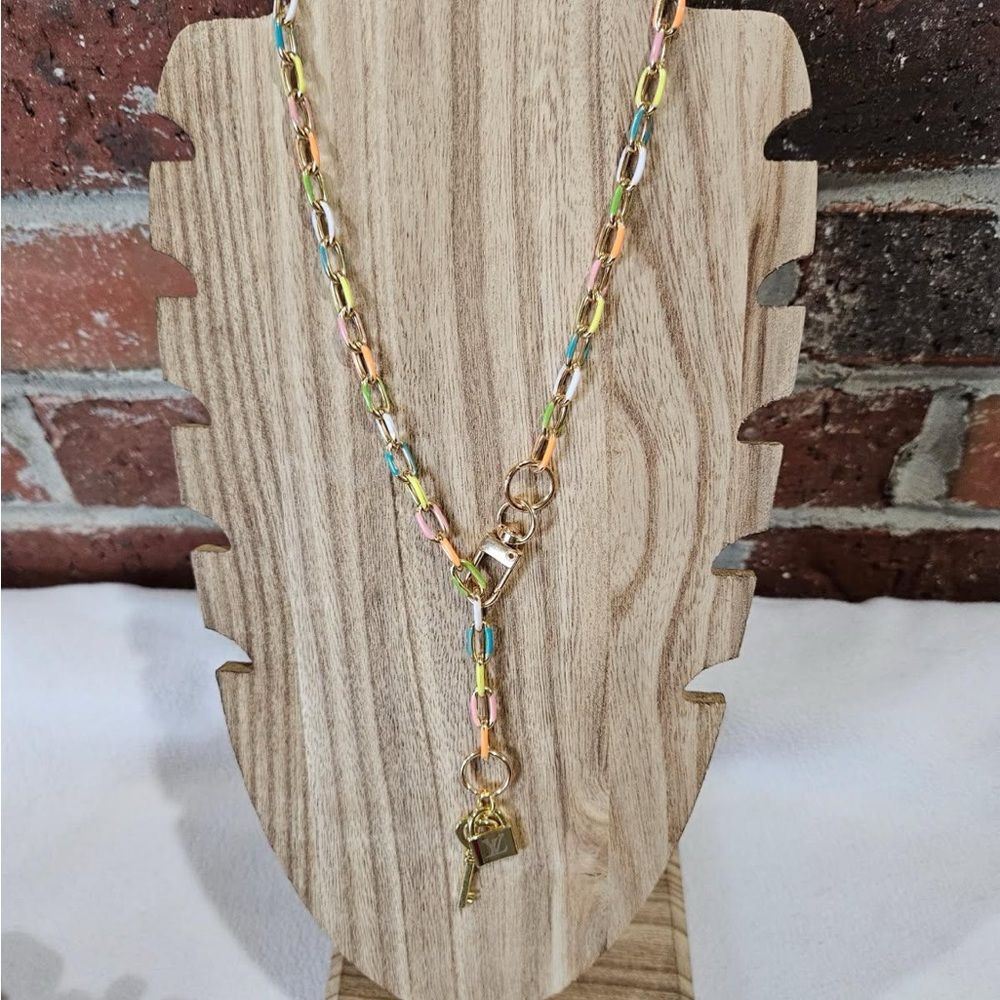 Louis Vuitton charms on Multicolor Chain Necklace with Lock and Key Pendant